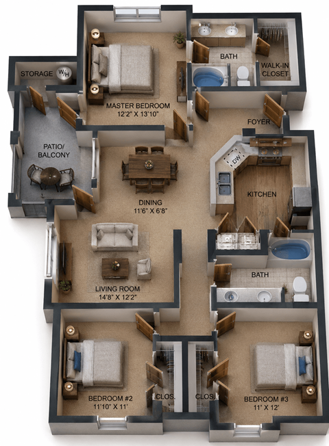 Floor plan for 3 beds, 2 baths, 1324 sqft
